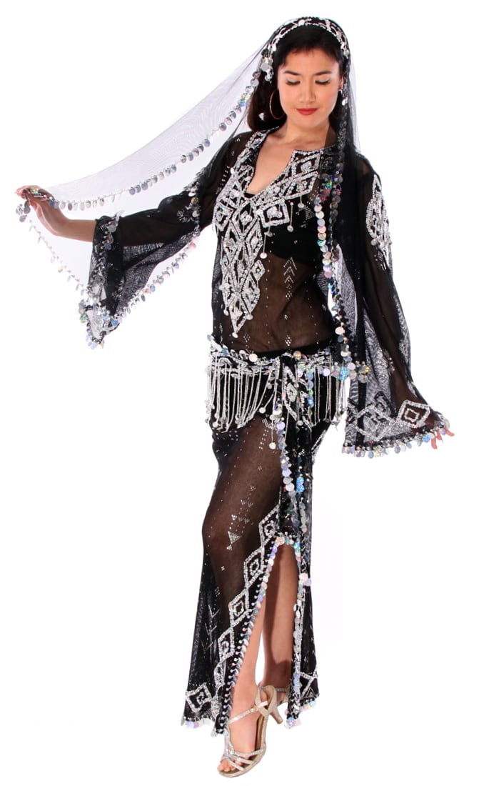 3-Piece Egyptian Assuit Sequin Beaded Saidi Dress Set with Paillettes - BLACK / SILVER
