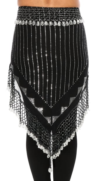 Egyptian Assuit Beaded Hip Scarf - BLACK/SILVER