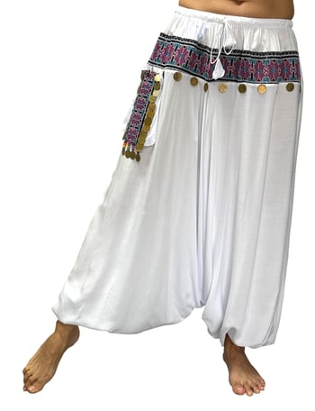 Egyptian Drop Crotch Harem Pants with Bedouin Embroidery - WHITE