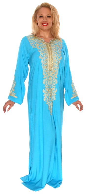 Galabeya Dress with Ivory Embroidery - TURQUOISE