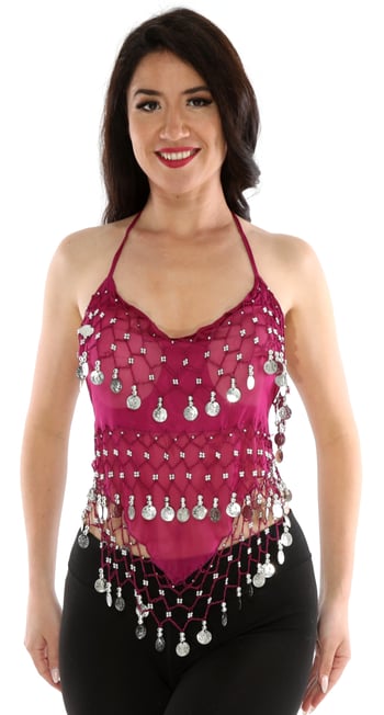 Sheer Chiffon Dance Halter Top with Coins - MAGENTA / SILVER
