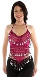 Sheer Chiffon Dance Halter Top with Coins - MAGENTA / SILVER