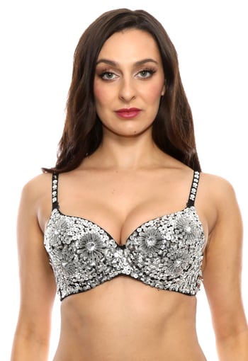 Sequin Beaded Costume Bra on Black Base - SILVER