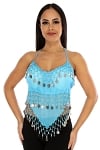 Sheer Chiffon Dance Halter Top with Coins - TURQUOISE / SILVER