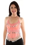 Sheer Chiffon Dance Halter Top with Coins - PEACH / SILVER