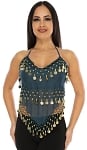 Sheer Chiffon Dance Halter Top with Coins - DARK TEAL / GOLD