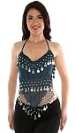 Sheer Chiffon Dance Halter Top with Coins - DARK TEAL / SILVER