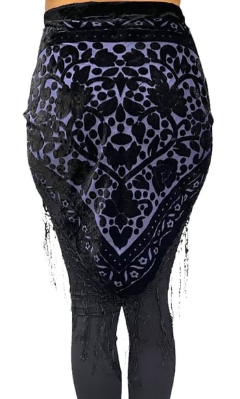 Floral Pattern Burnout Velvet Shawl / Scarf with Fringe - BLACK / LAVENDER 